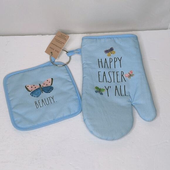 Rae Dunn Happy Easter Blue Kitchen Oven Mitt and Potholder Pink Butterflies - Picture 10 of 11